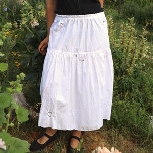 Upcycled Tablecloth White Tiered Maxi Skirt With Embroidery and Eyelets L • XL